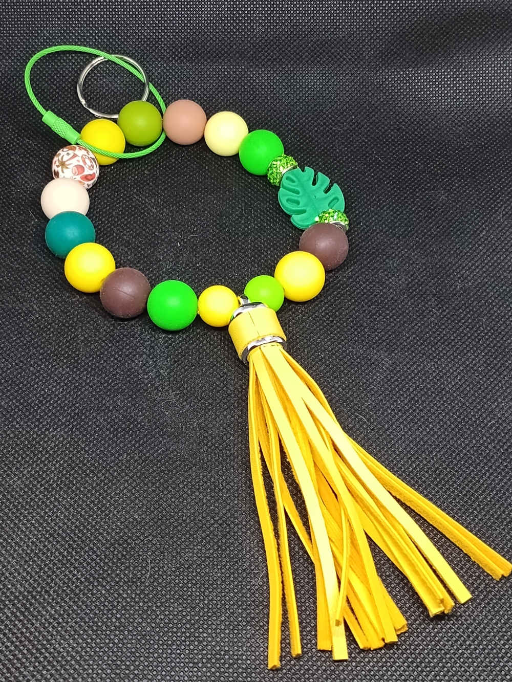 Beaded Wristlet Keychain with Yellow Tassel - Green & Yellow